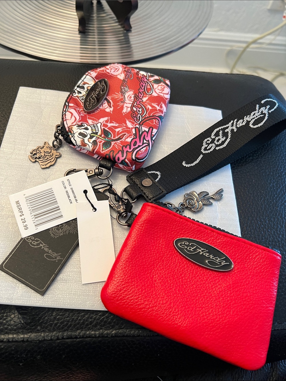 Ed Hardy NWT Red and Black Card Pouch with Floral Skull coin purse wristlet